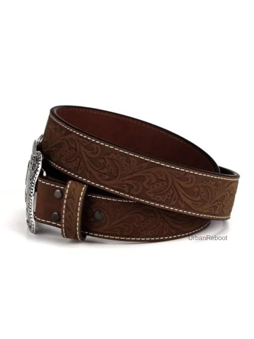 Men's Floral Embossed Genuine Leather Belt with Antique Silver Buckle